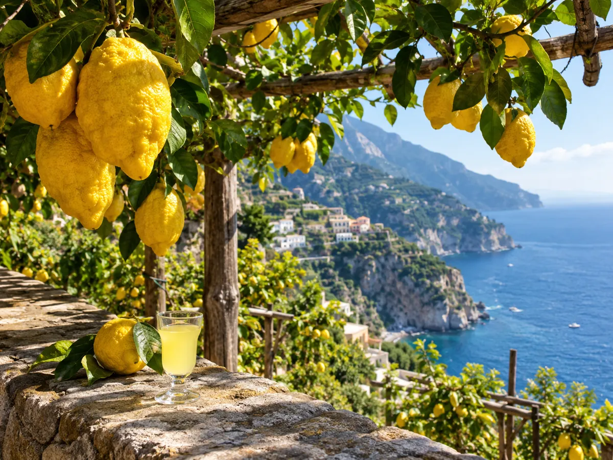 Amalfi-Zitronen unter einer Pergola mit einem Glas Limoncello