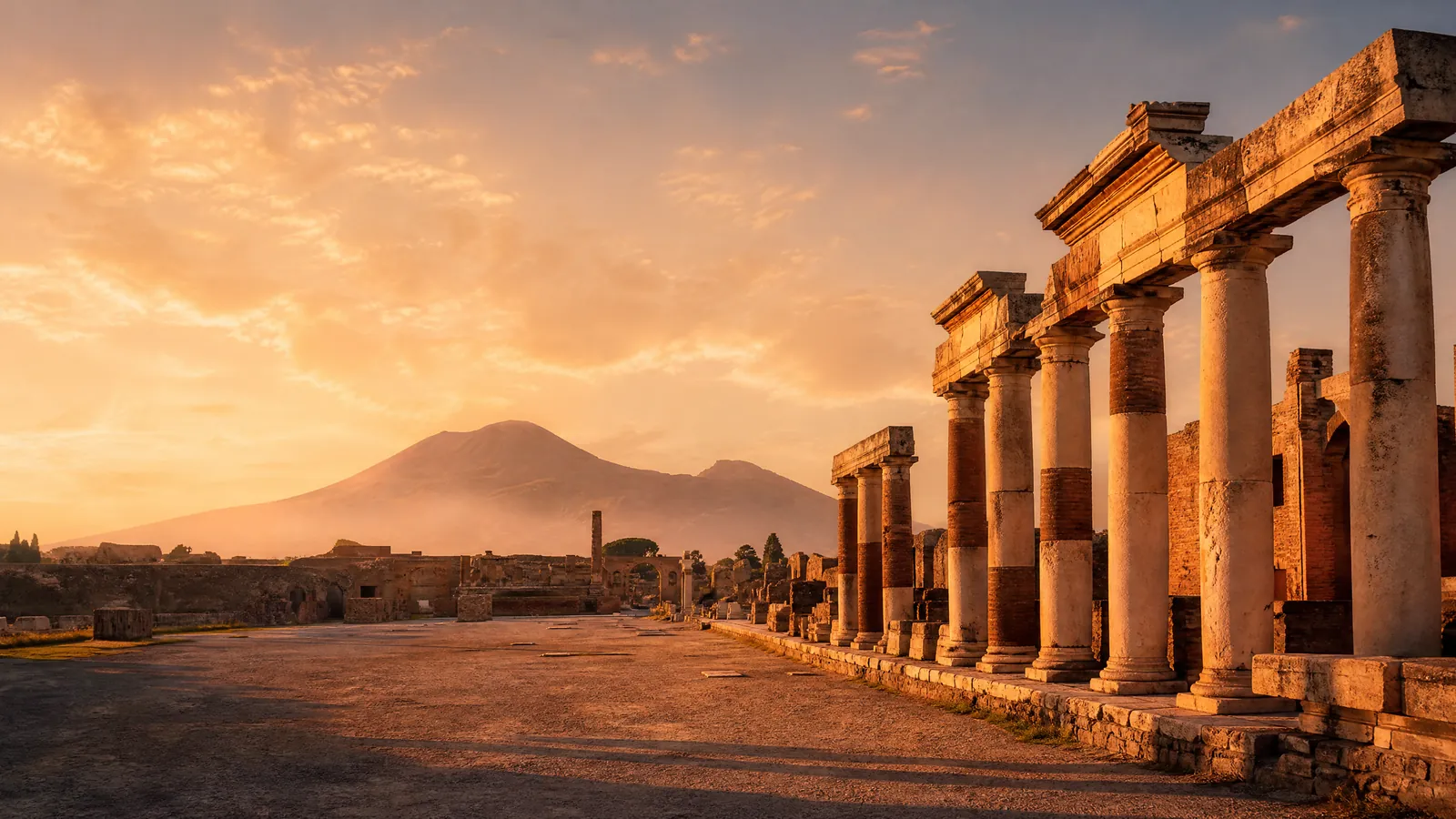 Säulen des Forums von Pompeji mit dem Vesuv im Hintergrund bei Sonnenuntergang